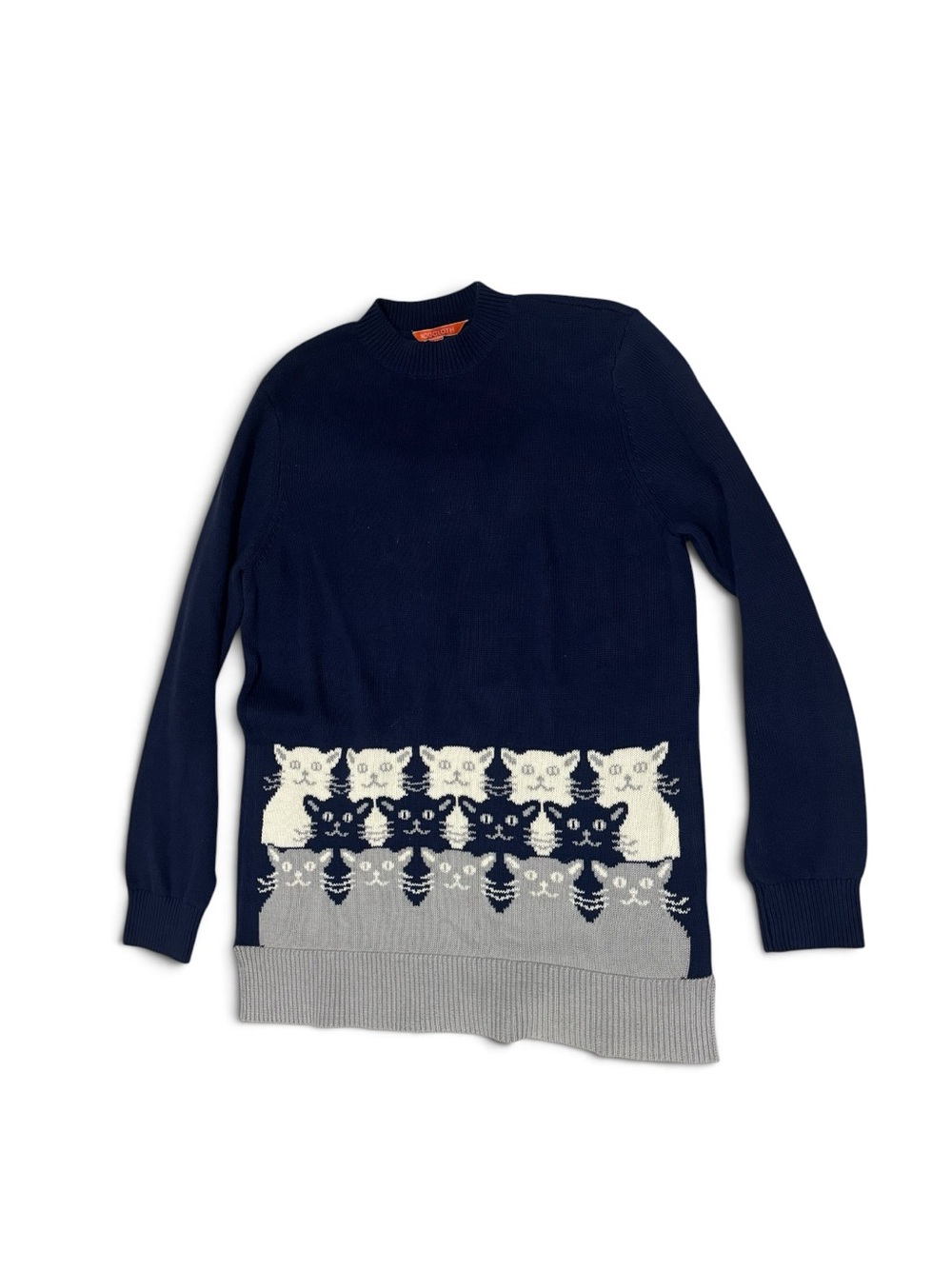 Modcloth Cats On Cats Mock Neck Sweater Navy Blue Gray White Cotton Size Medium